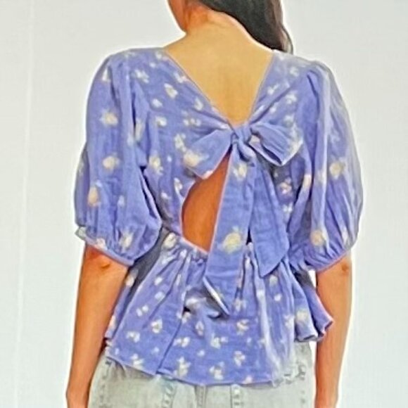 Free People Chloe Mixed Print Back Cutout Top in Indigo Combo (XL) New with Tag - Picture 2 of 10